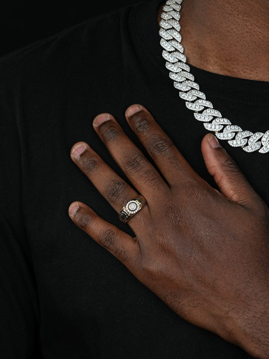 MOISSANITE Mens 14k Gold Plated Real 925 Silver Iced Bling Two Tone Ring Hip Hop