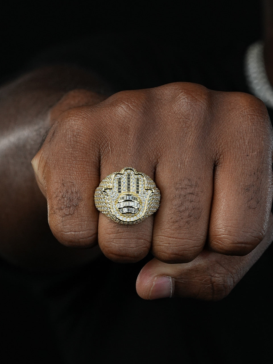 MOISSANITE Hamsa Hand Baguette Iced Out Ring - 14k Gold Vermeil 925 Silver