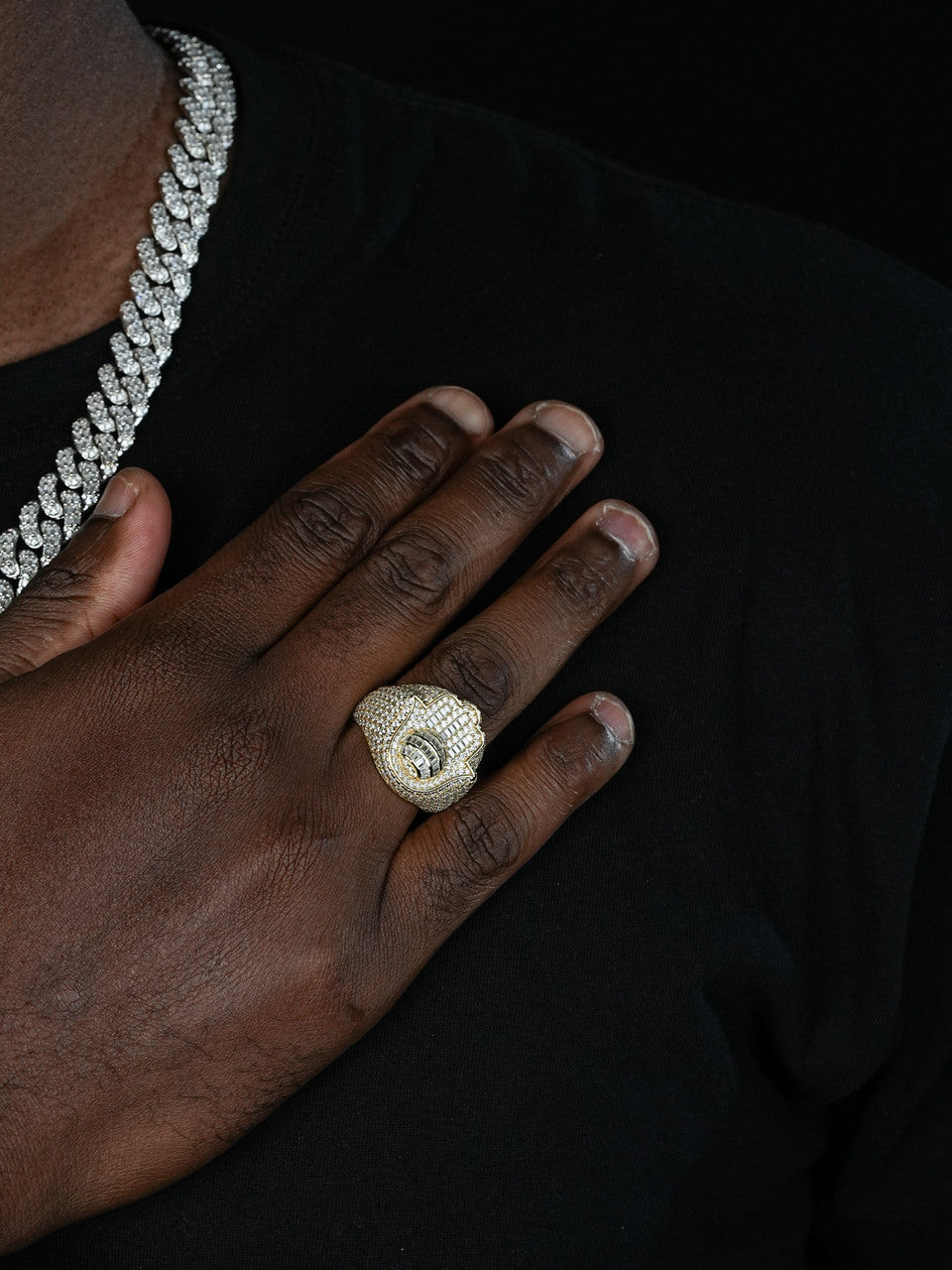 MOISSANITE Hamsa Hand Baguette Iced Out Ring - 14k Gold Vermeil 925 Silver