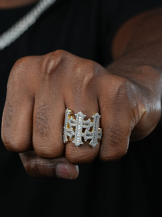 MOISSANITE Gothic Three Crosses Baguette Iced Out Ring - 14k Gold Vermeil 925 Silver