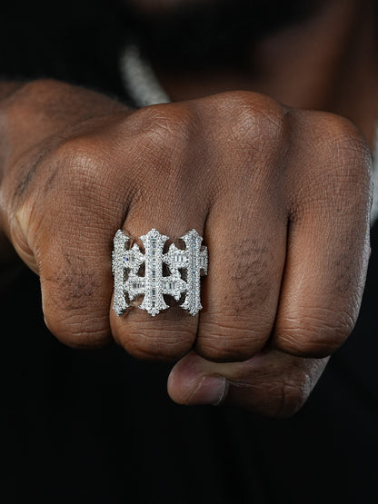 MOISSANITE Gothic Three Crosses Baguette Iced Out Ring - 925 Silver