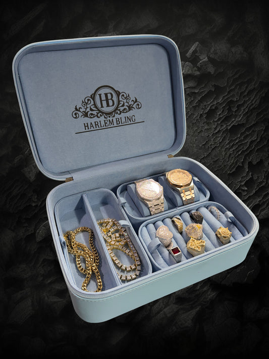 Harlembling Leather Travel Jewelry Box Carrying Case - Blue