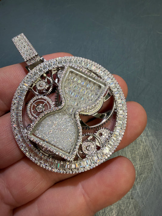 LIMITED EDITION - MOISSANITE Spinning "Time Is Money" Sand Clock Iced Out Pendant - 14k Gold Vermeil Or 925 Silver - Large 2.75"