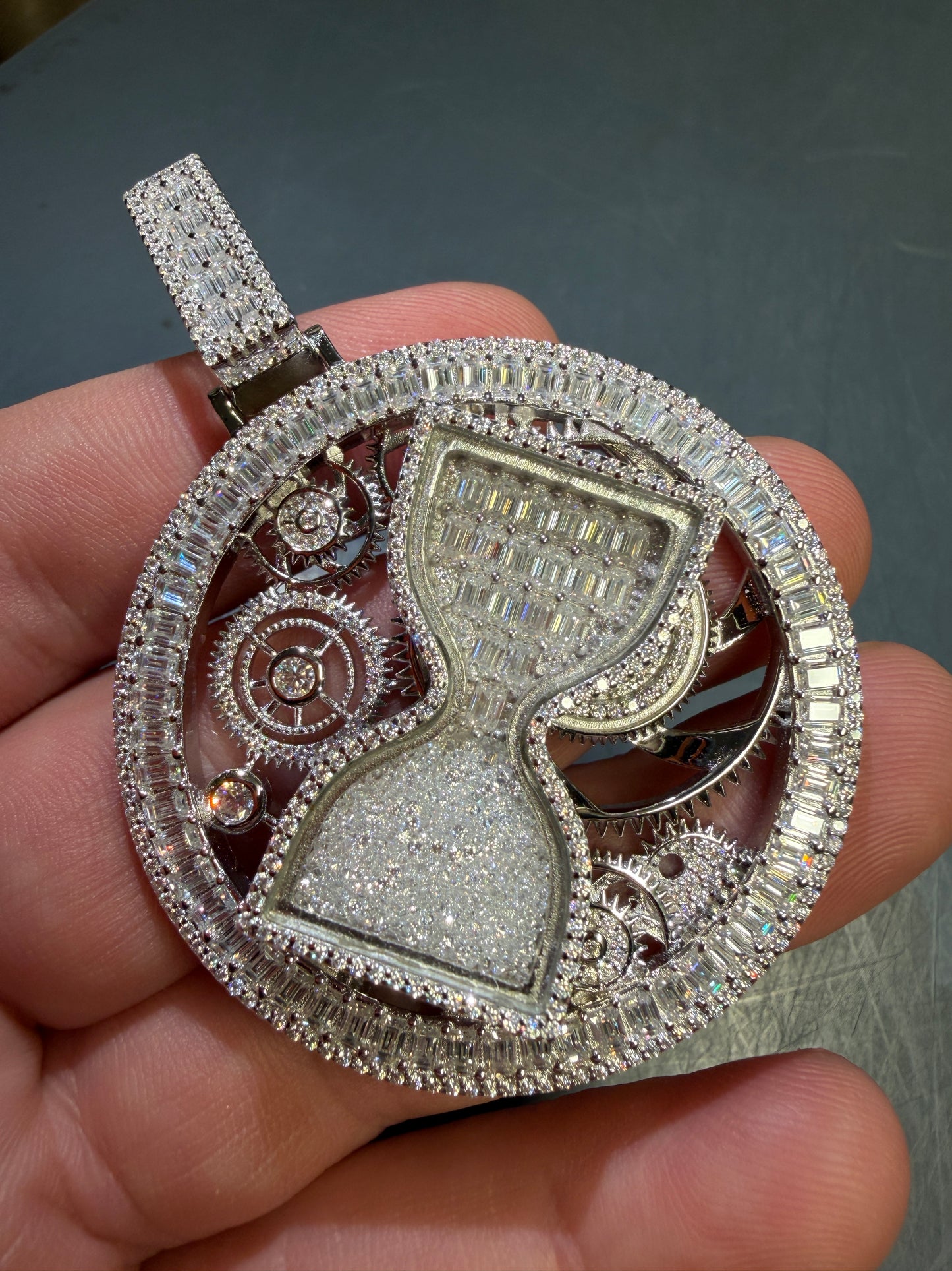 LIMITED EDITION - MOISSANITE Spinning "Time Is Money" Sand Clock Iced Out Pendant - 14k Gold Vermeil Or 925 Silver - Large 2.75"