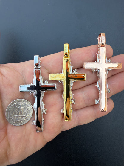 MOISSANITE Mosaic Setting Iced Cross W. Thorns Pendant - 14k Yellow/Rose Gold Vermeil Or 925 Silver - Large 2.75"