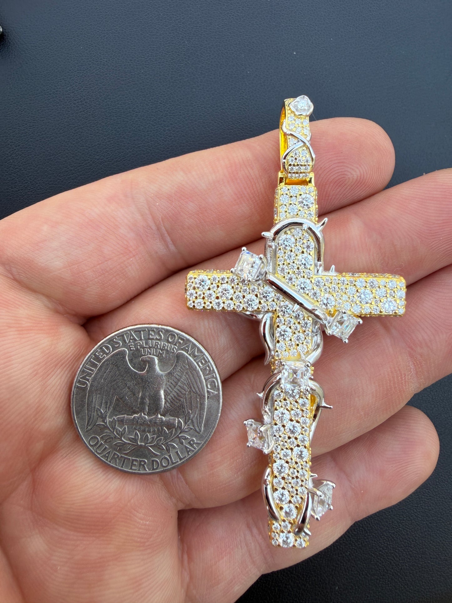 MOISSANITE Mosaic Setting Iced Cross W. Thorns Pendant - 14k Yellow/Rose Gold Vermeil Or 925 Silver - Large 2.75"