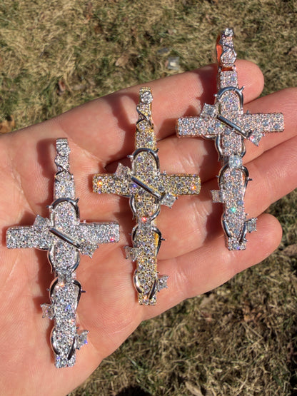 MOISSANITE Mosaic Setting Iced Cross W. Thorns Pendant - 14k Yellow/Rose Gold Vermeil Or 925 Silver - Large 2.75"