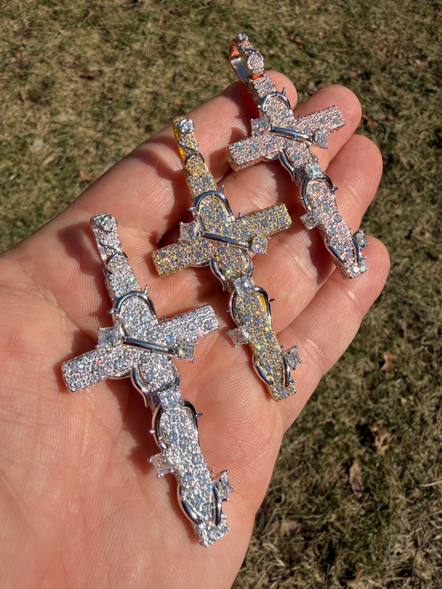 MOISSANITE Mosaic Setting Iced Cross W. Thorns Pendant - 14k Yellow/Rose Gold Vermeil Or 925 Silver - Large 2.75"