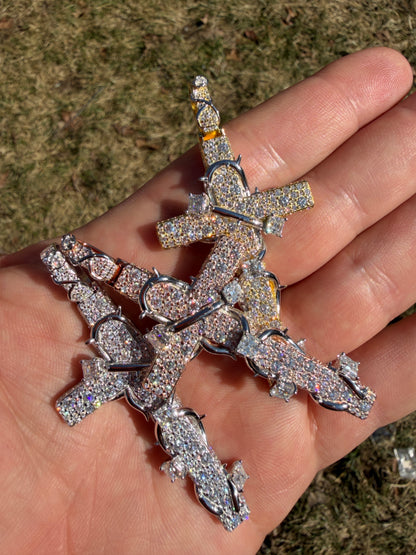 MOISSANITE Mosaic Setting Iced Cross W. Thorns Pendant - 14k Yellow/Rose Gold Vermeil Or 925 Silver - Large 2.75"