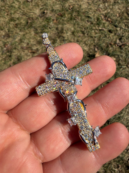 MOISSANITE Mosaic Setting Iced Cross W. Thorns Pendant - 14k Yellow/Rose Gold Vermeil Or 925 Silver - Large 2.75"