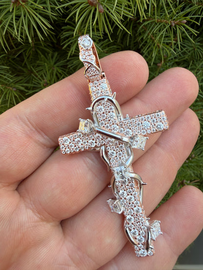 MOISSANITE Mosaic Setting Iced Cross W. Thorns Pendant - 14k Yellow/Rose Gold Vermeil Or 925 Silver - Large 2.75"