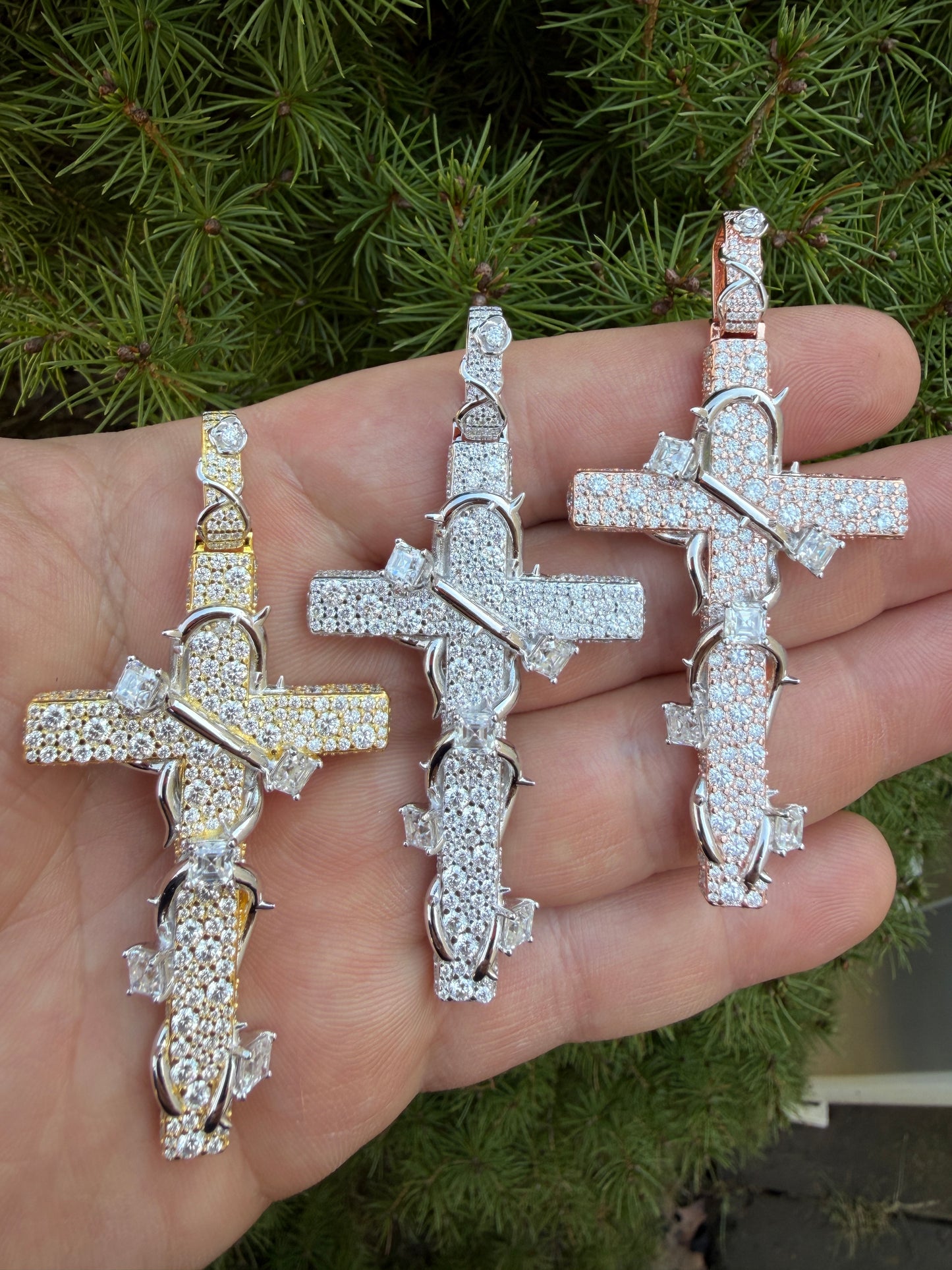 MOISSANITE Mosaic Setting Iced Cross W. Thorns Pendant - 14k Yellow/Rose Gold Vermeil Or 925 Silver - Large 2.75"