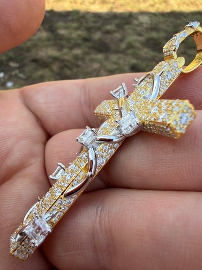 MOISSANITE Mosaic Setting Iced Cross W. Thorns Pendant - 14k Yellow/Rose Gold Vermeil Or 925 Silver - Large 2.75"