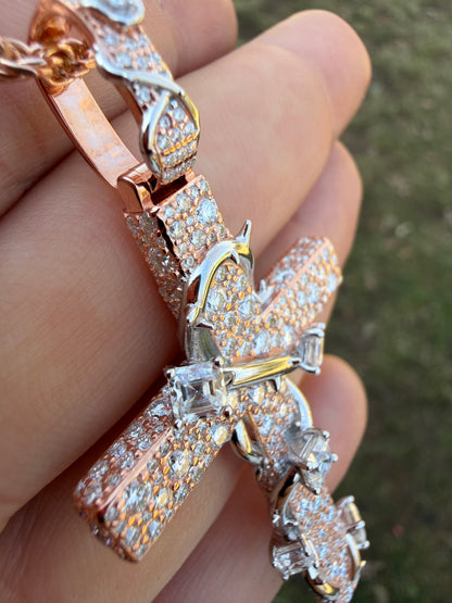 MOISSANITE Mosaic Setting Iced Cross W. Thorns Pendant - 14k Yellow/Rose Gold Vermeil Or 925 Silver - Large 2.75"