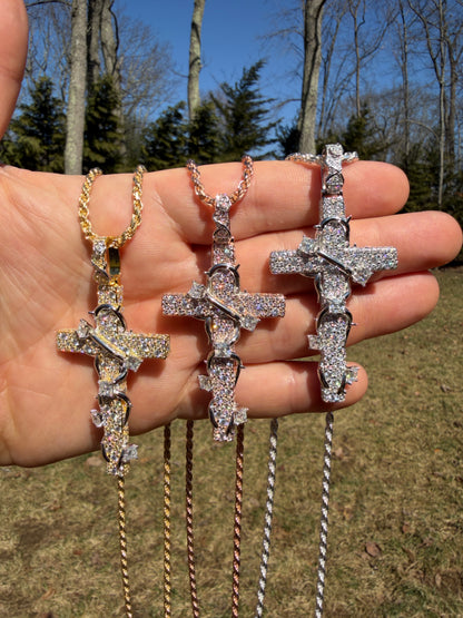 MOISSANITE Mosaic Setting Iced Cross W. Thorns Pendant - 14k Yellow/Rose Gold Vermeil Or 925 Silver - Large 2.75"