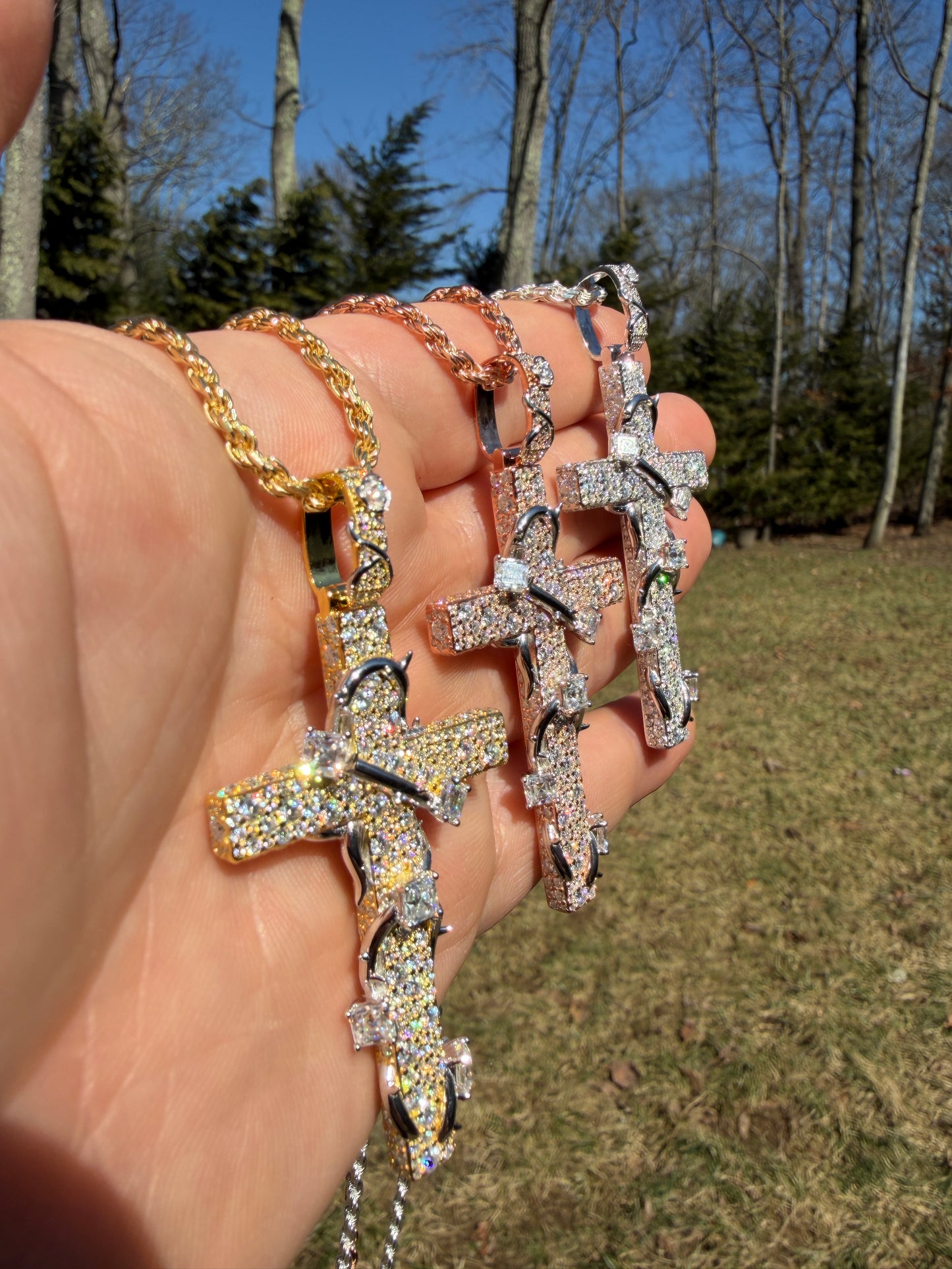 MOISSANITE Mosaic Setting Iced Cross W. Thorns Pendant - 14k Yellow/Rose Gold Vermeil Or 925 Silver - Large 2.75"