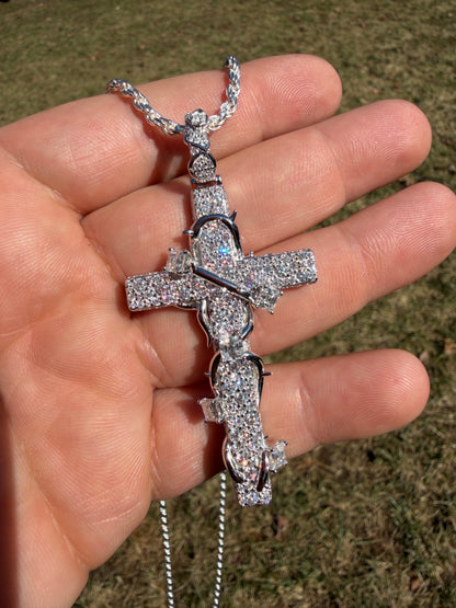 MOISSANITE Mosaic Setting Iced Cross W. Thorns Pendant - 14k Yellow/Rose Gold Vermeil Or 925 Silver - Large 2.75"