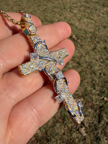 MOISSANITE Mosaic Setting Iced Cross W. Thorns Pendant - 14k Yellow/Rose Gold Vermeil Or 925 Silver - Large 2.75"