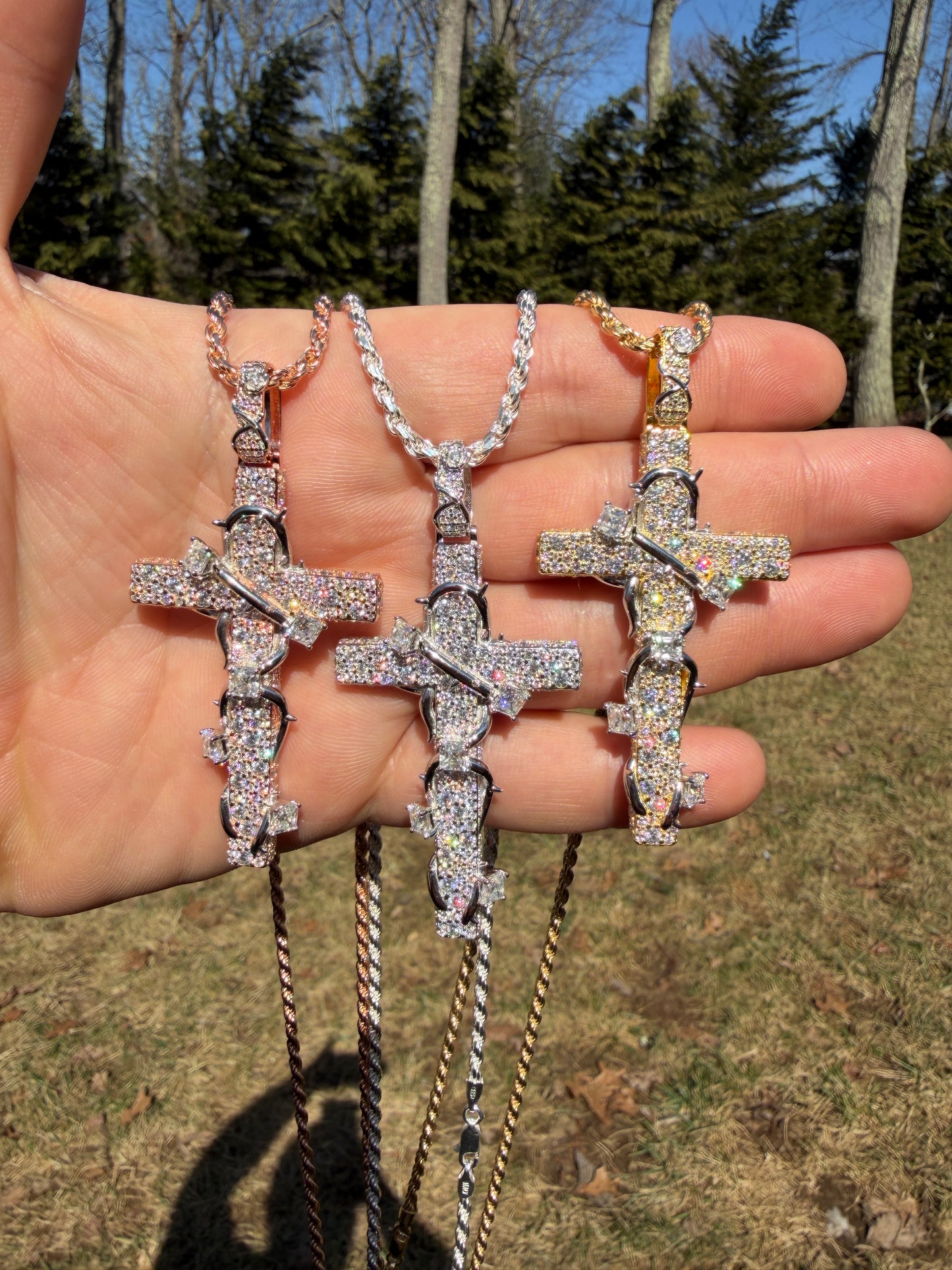 MOISSANITE Mosaic Setting Iced Cross W. Thorns Pendant - 14k Yellow/Rose Gold Vermeil Or 925 Silver - Large 2.75"