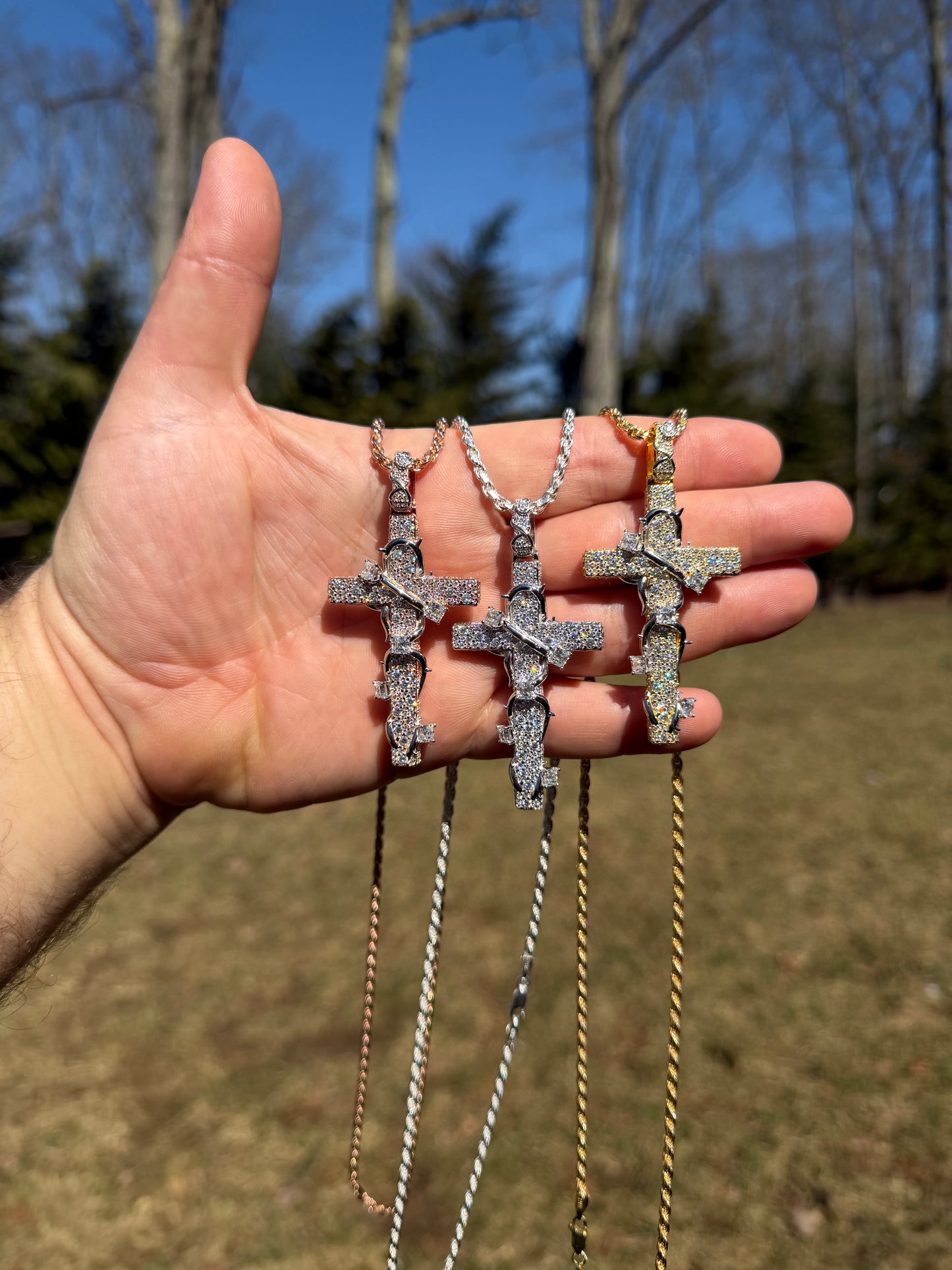 MOISSANITE Mosaic Setting Iced Cross W. Thorns Pendant - 14k Yellow/Rose Gold Vermeil Or 925 Silver - Large 2.75"