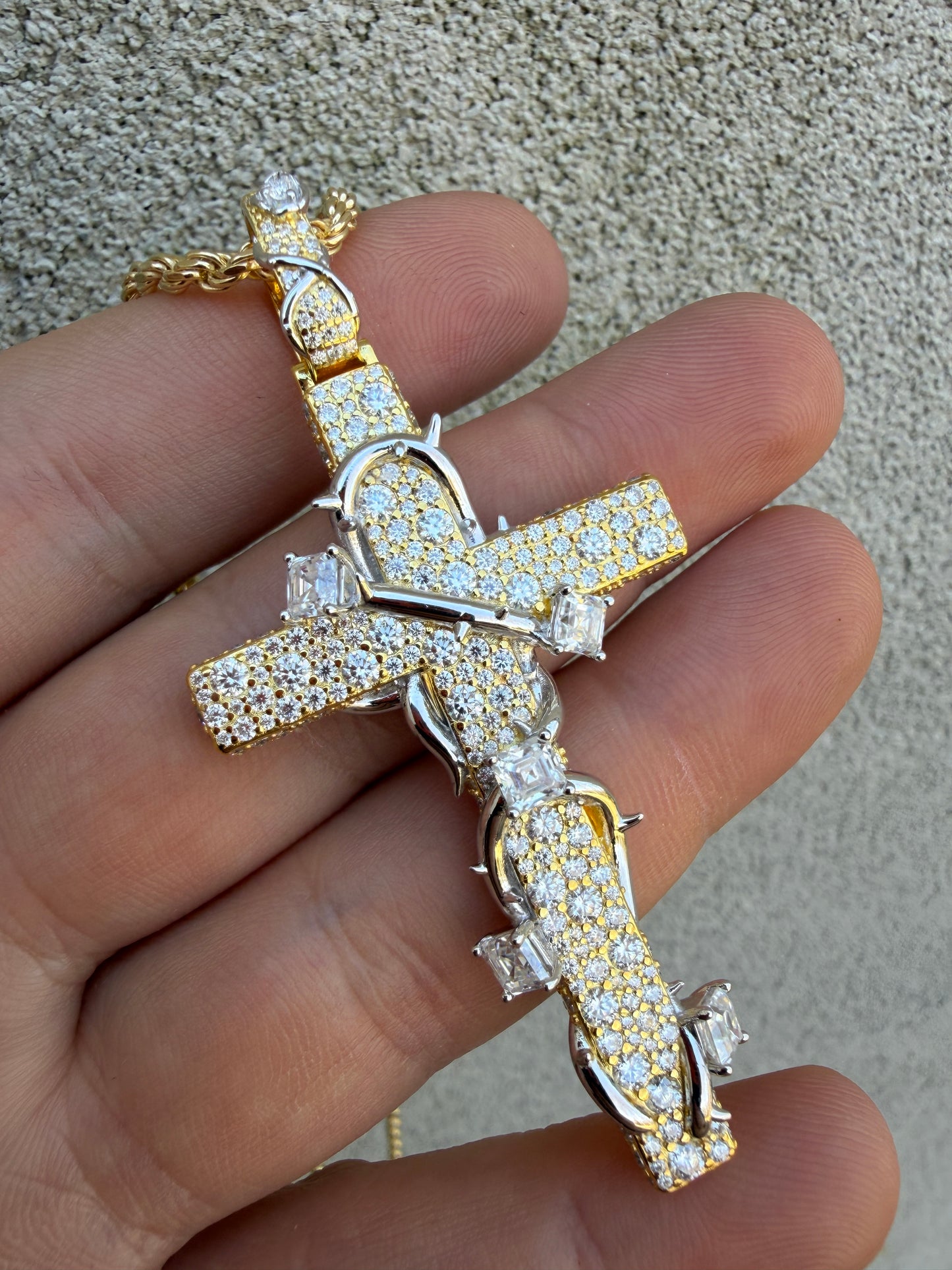 MOISSANITE Mosaic Setting Iced Cross W. Thorns Pendant - 14k Yellow/Rose Gold Vermeil Or 925 Silver - Large 2.75"
