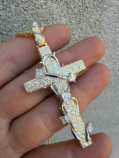 MOISSANITE Mosaic Setting Iced Cross W. Thorns Pendant - 14k Yellow/Rose Gold Vermeil Or 925 Silver - Large 2.75"