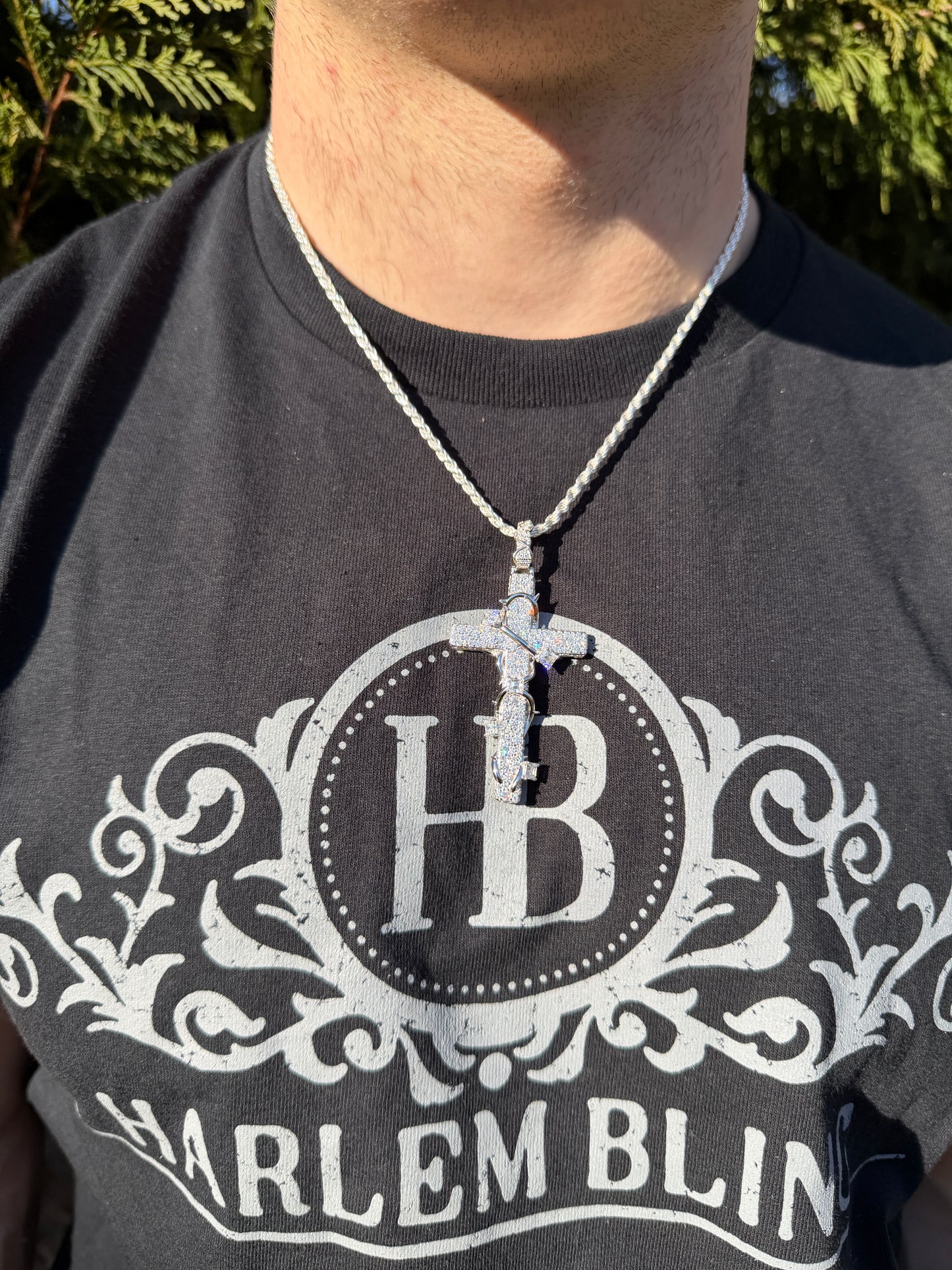 MOISSANITE Mosaic Setting Iced Cross W. Thorns Pendant - 14k Yellow/Rose Gold Vermeil Or 925 Silver - Large 2.75"