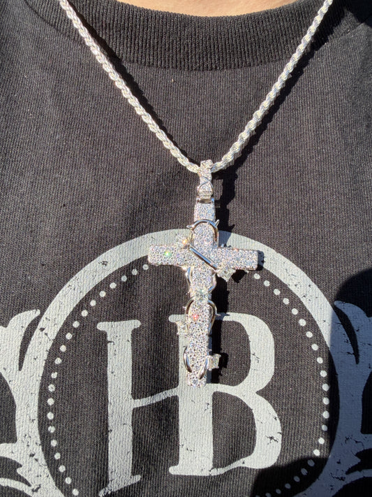 MOISSANITE Mosaic Setting Iced Cross W. Thorns Pendant - 14k Yellow/Rose Gold Vermeil Or 925 Silver - Large 2.75"