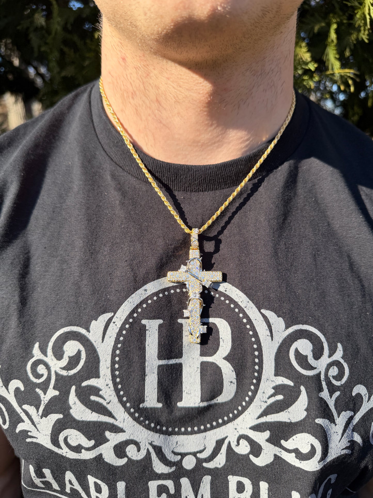 MOISSANITE Mosaic Setting Iced Cross W. Thorns Pendant - 14k Yellow/Rose Gold Vermeil Or 925 Silver - Large 2.75"