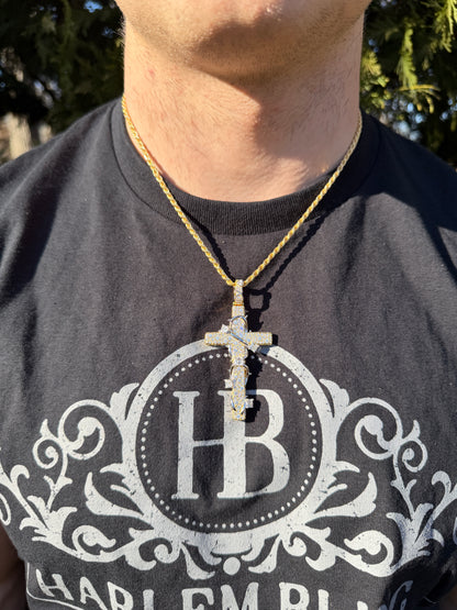 MOISSANITE Mosaic Setting Iced Cross W. Thorns Pendant - 14k Yellow/Rose Gold Vermeil Or 925 Silver - Large 2.75"