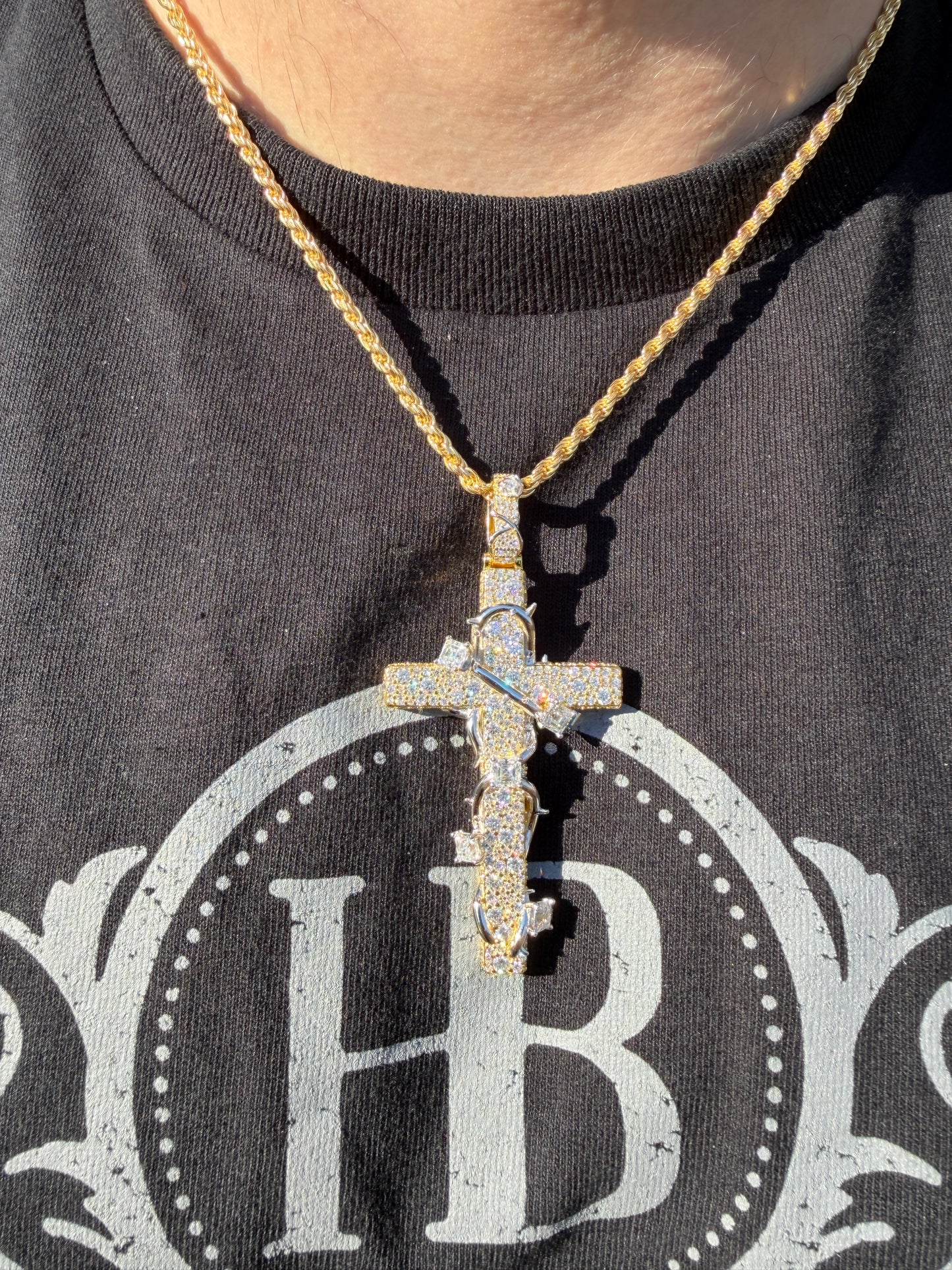 MOISSANITE Mosaic Setting Iced Cross W. Thorns Pendant - 14k Yellow/Rose Gold Vermeil Or 925 Silver - Large 2.75"