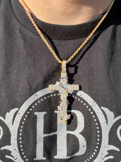 MOISSANITE Mosaic Setting Iced Cross W. Thorns Pendant - 14k Yellow/Rose Gold Vermeil Or 925 Silver - Large 2.75"