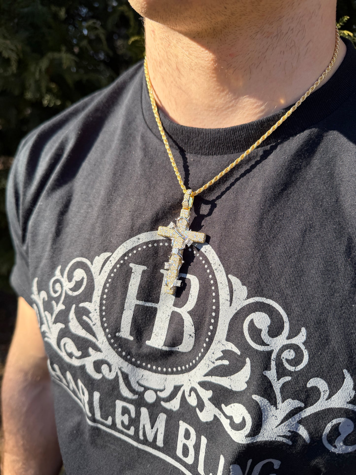 MOISSANITE Mosaic Setting Iced Cross W. Thorns Pendant - 14k Yellow/Rose Gold Vermeil Or 925 Silver - Large 2.75"