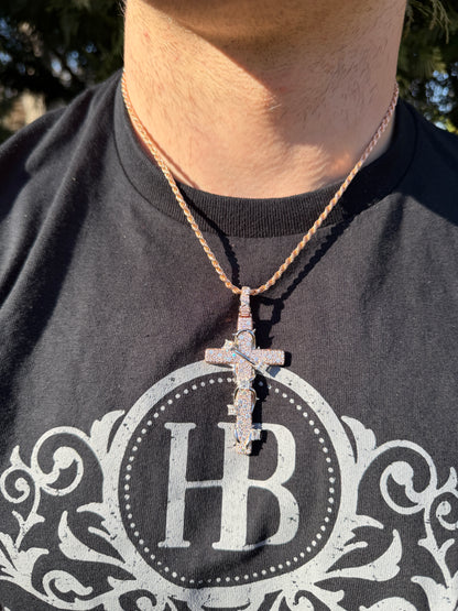 MOISSANITE Mosaic Setting Iced Cross W. Thorns Pendant - 14k Yellow/Rose Gold Vermeil Or 925 Silver - Large 2.75"