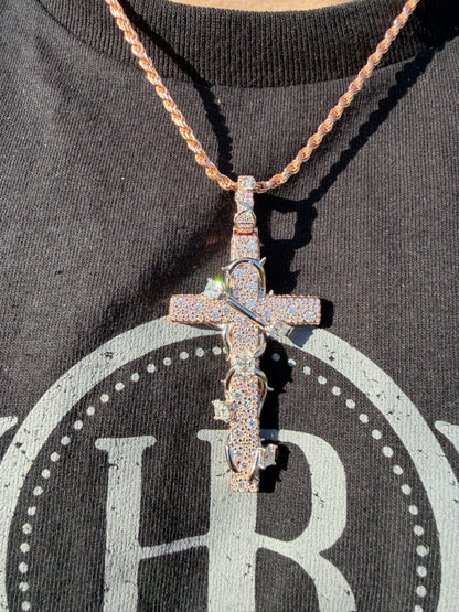 MOISSANITE Mosaic Setting Iced Cross W. Thorns Pendant - 14k Yellow/Rose Gold Vermeil Or 925 Silver - Large 2.75"