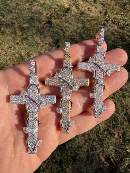 MOISSANITE Mosaic Setting Iced Cross W. Thorns Pendant - 14k Yellow/Rose Gold Vermeil Or 925 Silver - Large 2.75"