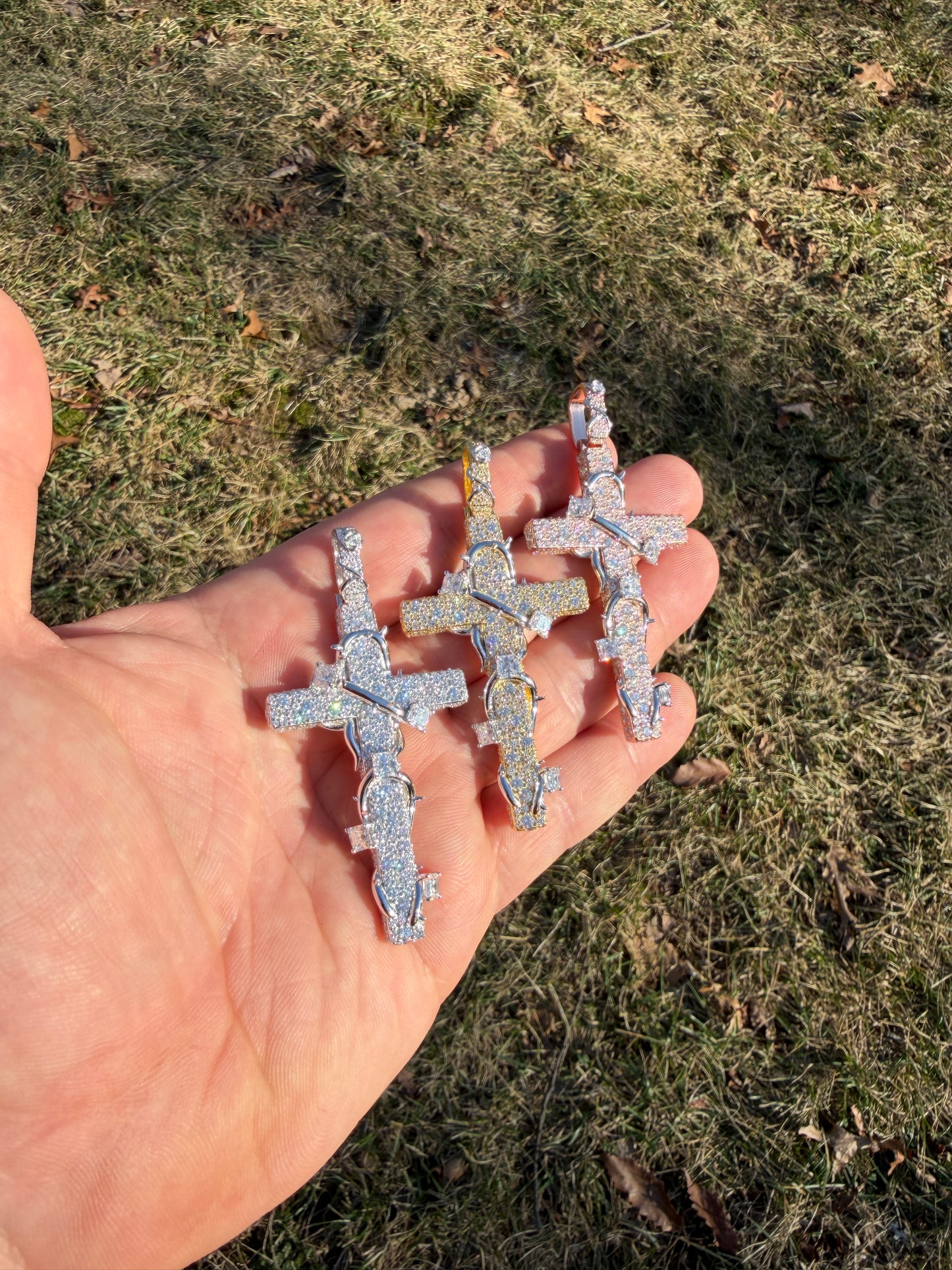 MOISSANITE Mosaic Setting Iced Cross W. Thorns Pendant - 14k Yellow/Rose Gold Vermeil Or 925 Silver - Large 2.75"