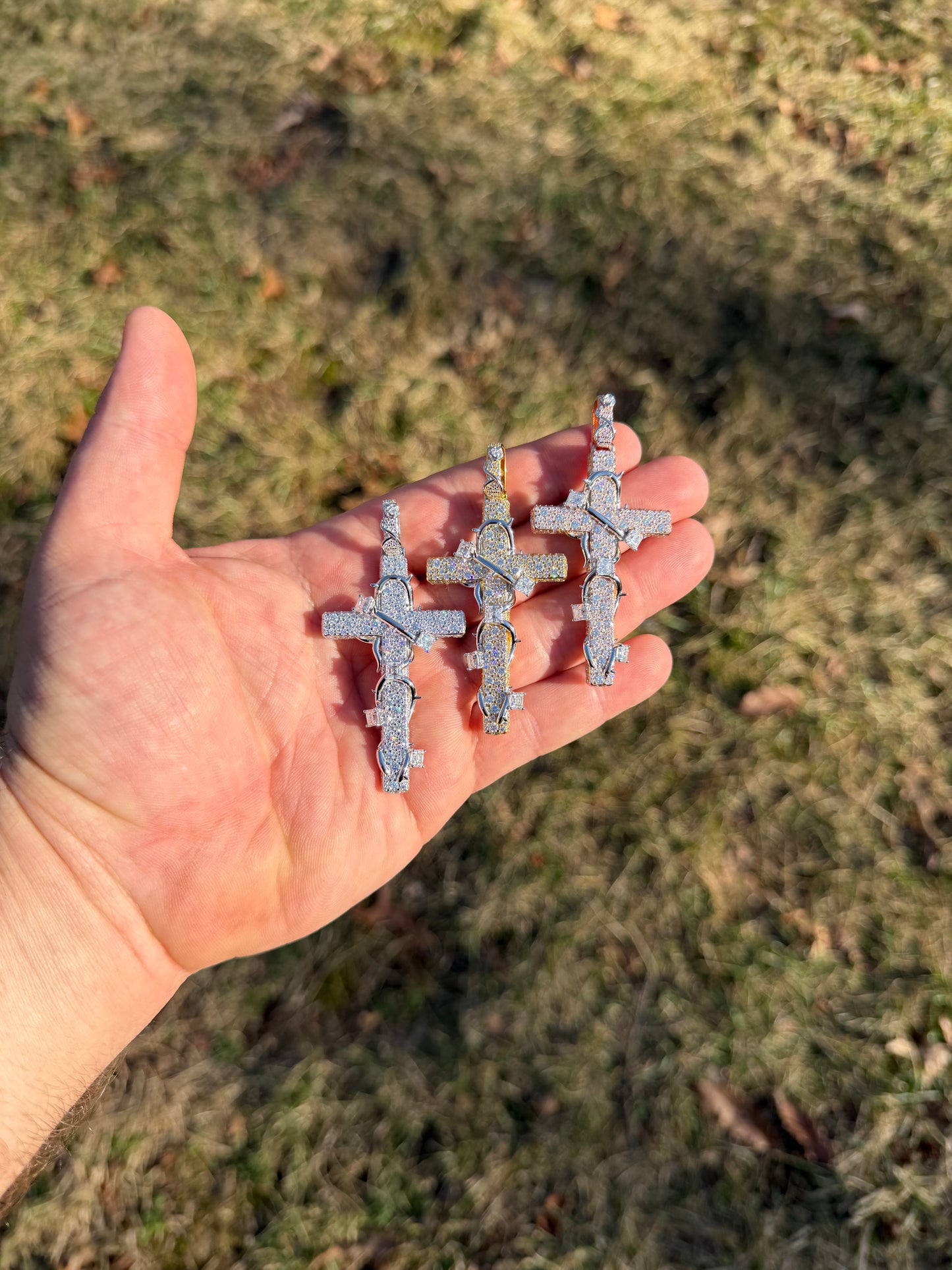 MOISSANITE Mosaic Setting Iced Cross W. Thorns Pendant - 14k Yellow/Rose Gold Vermeil Or 925 Silver - Large 2.75"