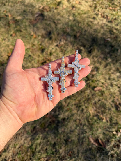 MOISSANITE Mosaic Setting Iced Cross W. Thorns Pendant - 14k Yellow/Rose Gold Vermeil Or 925 Silver - Large 2.75"