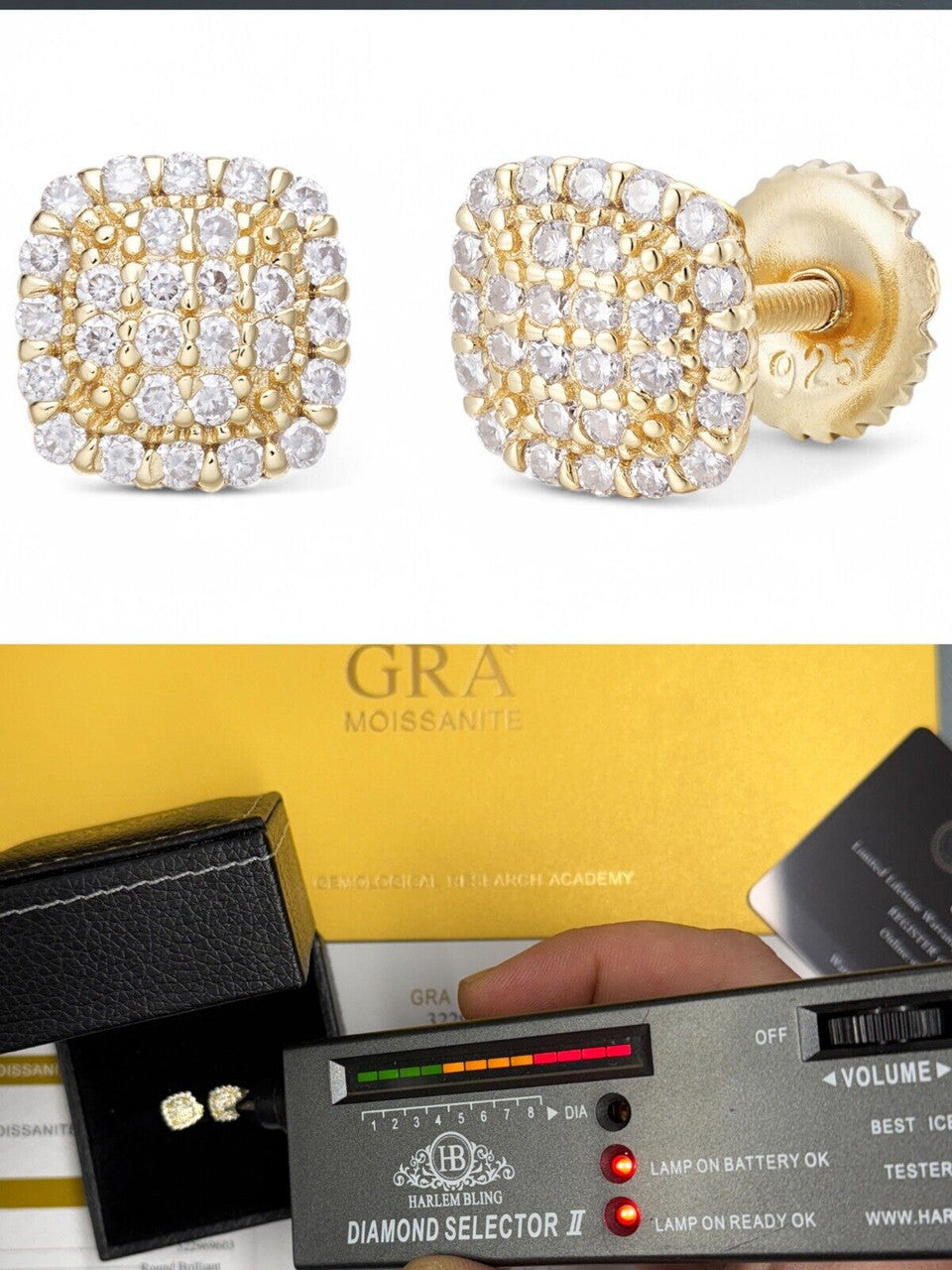 Iced Square Cheap Moissanite Earrings Men Ladies 6.5mm 14k Gold Over 925 Silver Imported from eBay HarlemBling