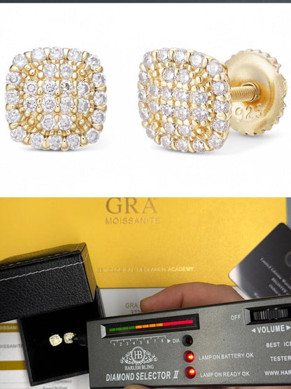 Iced Square Cheap Moissanite Earrings Men Ladies 6.5mm 14k Gold Over 925 Silver Imported from eBay HarlemBling