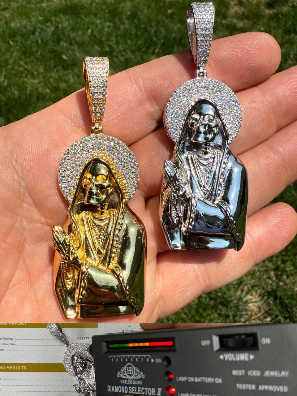 Large MOISSANITE Real 925 Silver / Gold Santa Muerte Grim Reaper Praying Pendant Imported from eBay HarlemBling