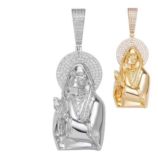 Large MOISSANITE Real 925 Silver / Gold Santa Muerte Grim Reaper Praying Pendant Imported from eBay HarlemBling