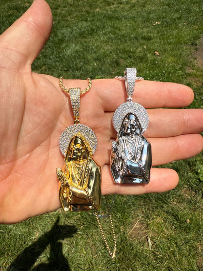 Large MOISSANITE Real 925 Silver / Gold Santa Muerte Grim Reaper Praying Pendant Imported from eBay HarlemBling