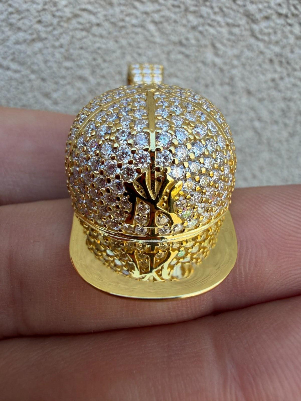 MOISSANITE Baseball Cap New York Hat Pendant Real 925 Silver Gold Iced Necklace Imported from eBay HarlemBling