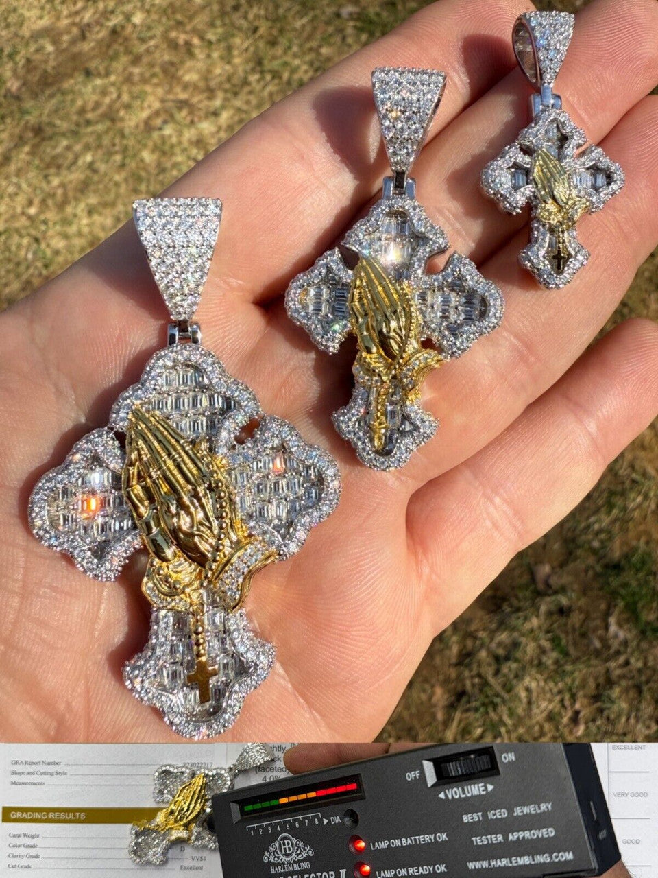 MOISSANITE Gothic Cross & Praying Hands Pendant Iced Baguette Real 925 Silver Imported from eBay HarlemBling