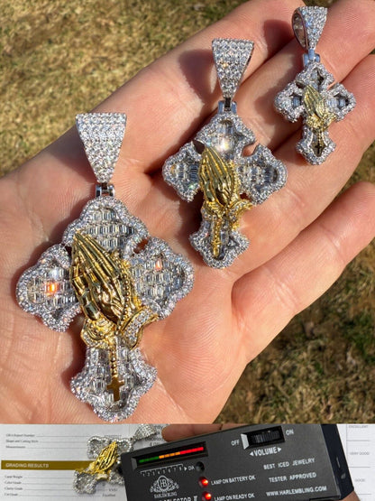 MOISSANITE Gothic Cross & Praying Hands Pendant Iced Baguette Real 925 Silver Imported from eBay HarlemBling