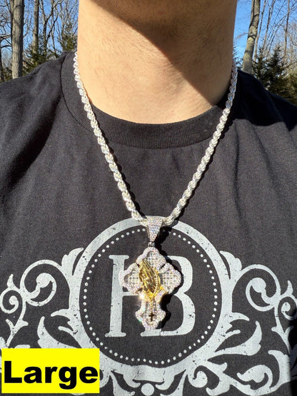 MOISSANITE Gothic Cross & Praying Hands Pendant Iced Baguette Real 925 Silver Imported from eBay HarlemBling
