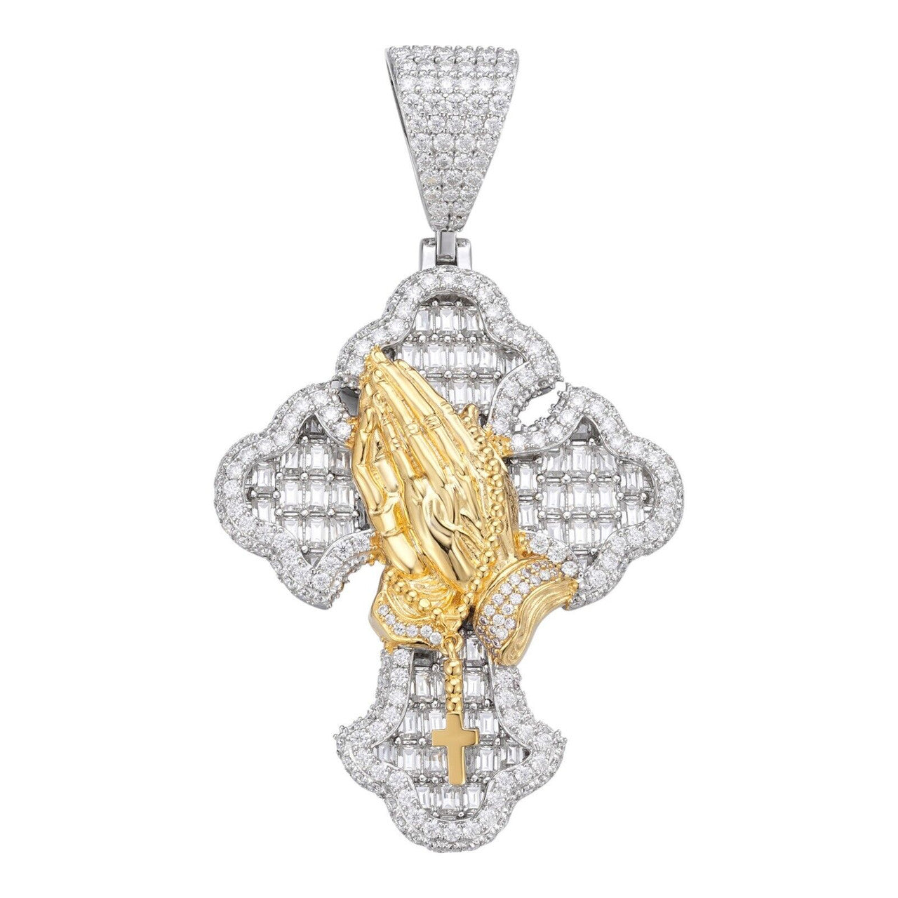 MOISSANITE Gothic Cross & Praying Hands Pendant Iced Baguette Real 925 Silver Imported from eBay HarlemBling
