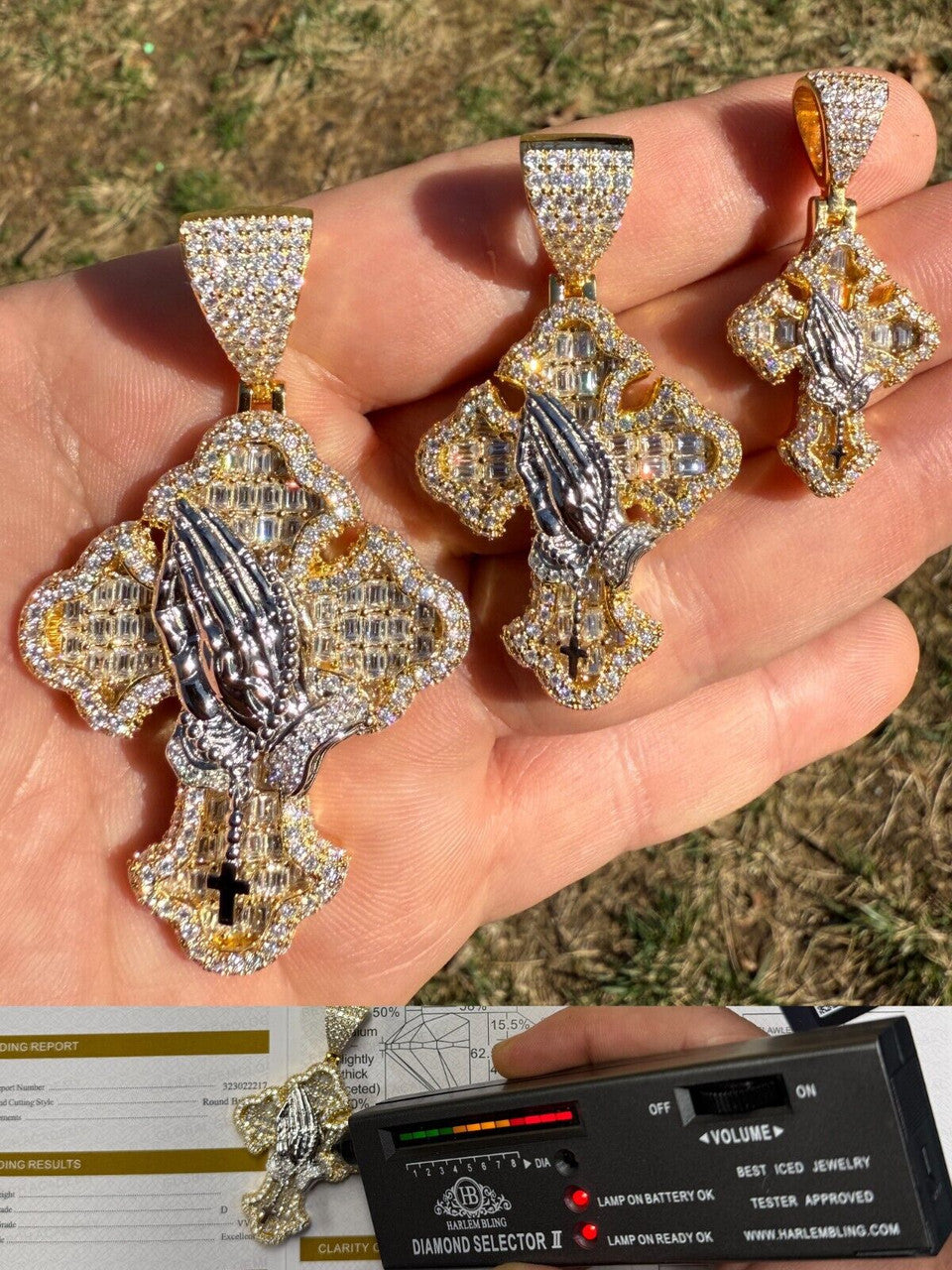 MOISSANITE Gothic Cross & Praying Hands Pendant Iced Baguette Real Silver & Gold Imported from eBay HarlemBling